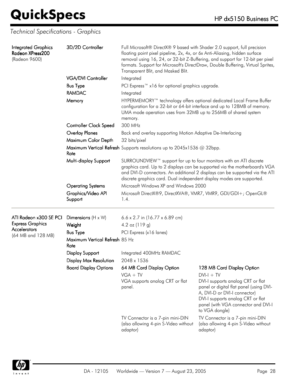 Technical specifications - graphics, Quickspecs, Hp dx5150 business pc | HP dx5150 User Manual | Page 28 / 42