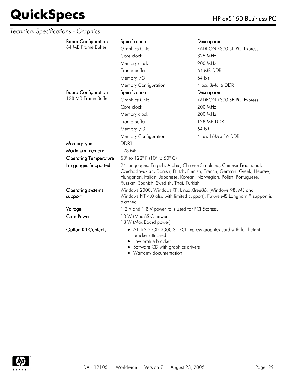 Quickspecs, Hp dx5150 business pc | HP dx5150 User Manual | Page 29 / 42