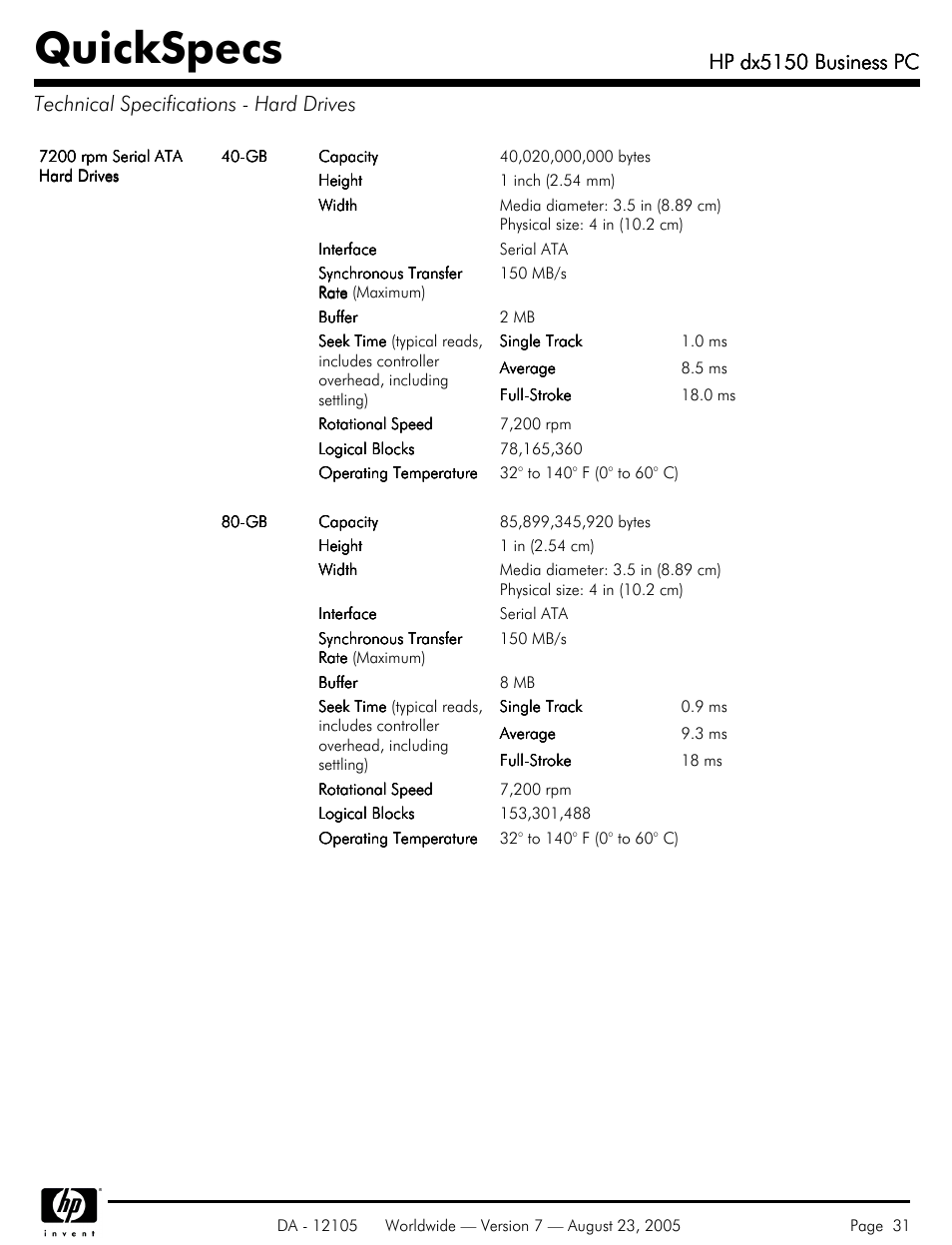 Technical specifications - hard drives, Quickspecs, Hp dx5150 business pc | HP dx5150 User Manual | Page 31 / 42