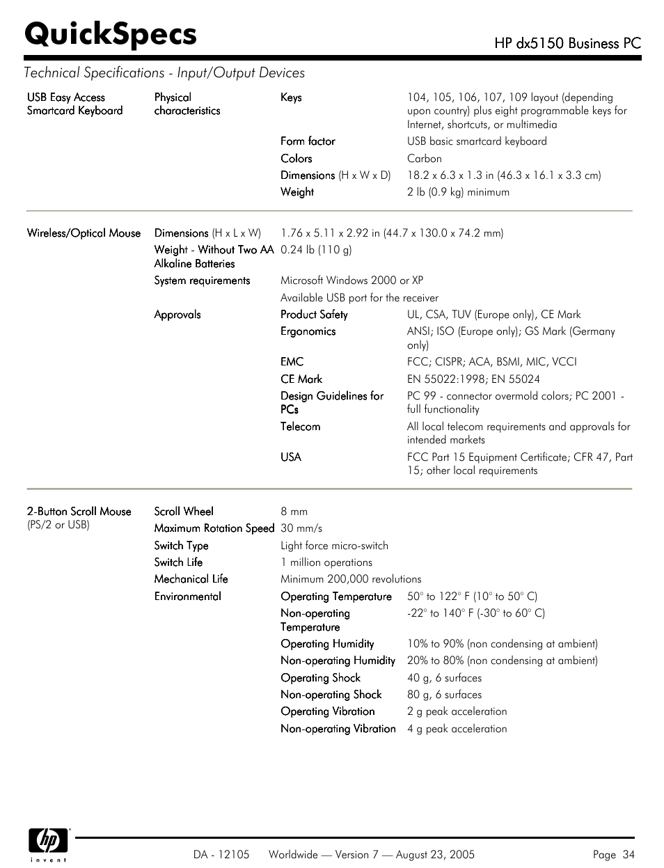 Quickspecs, Hp dx5150 business pc | HP dx5150 User Manual | Page 34 / 42