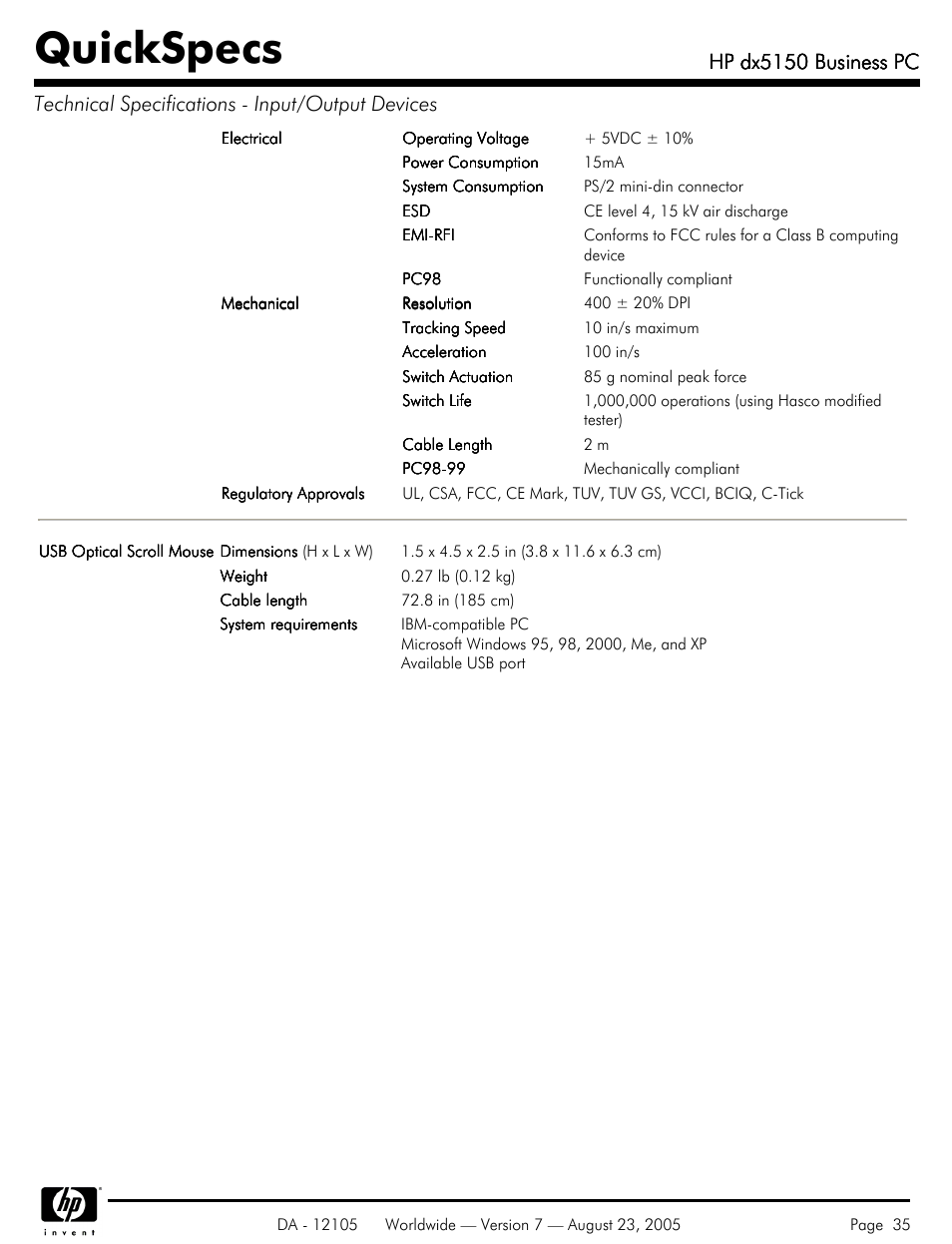 Quickspecs, Hp dx5150 business pc | HP dx5150 User Manual | Page 35 / 42