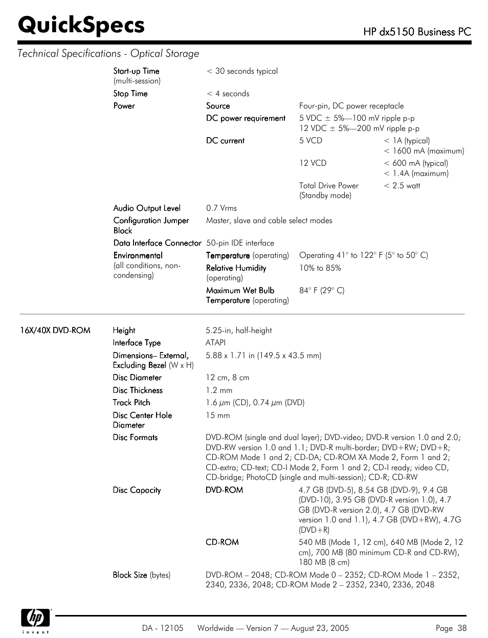 Quickspecs, Hp dx5150 business pc | HP dx5150 User Manual | Page 38 / 42