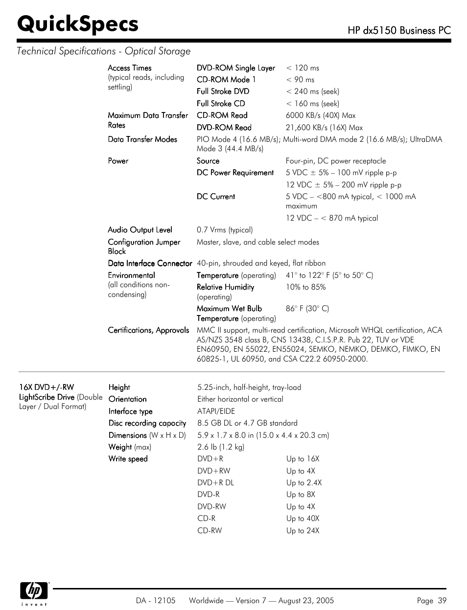 Quickspecs, Hp dx5150 business pc | HP dx5150 User Manual | Page 39 / 42