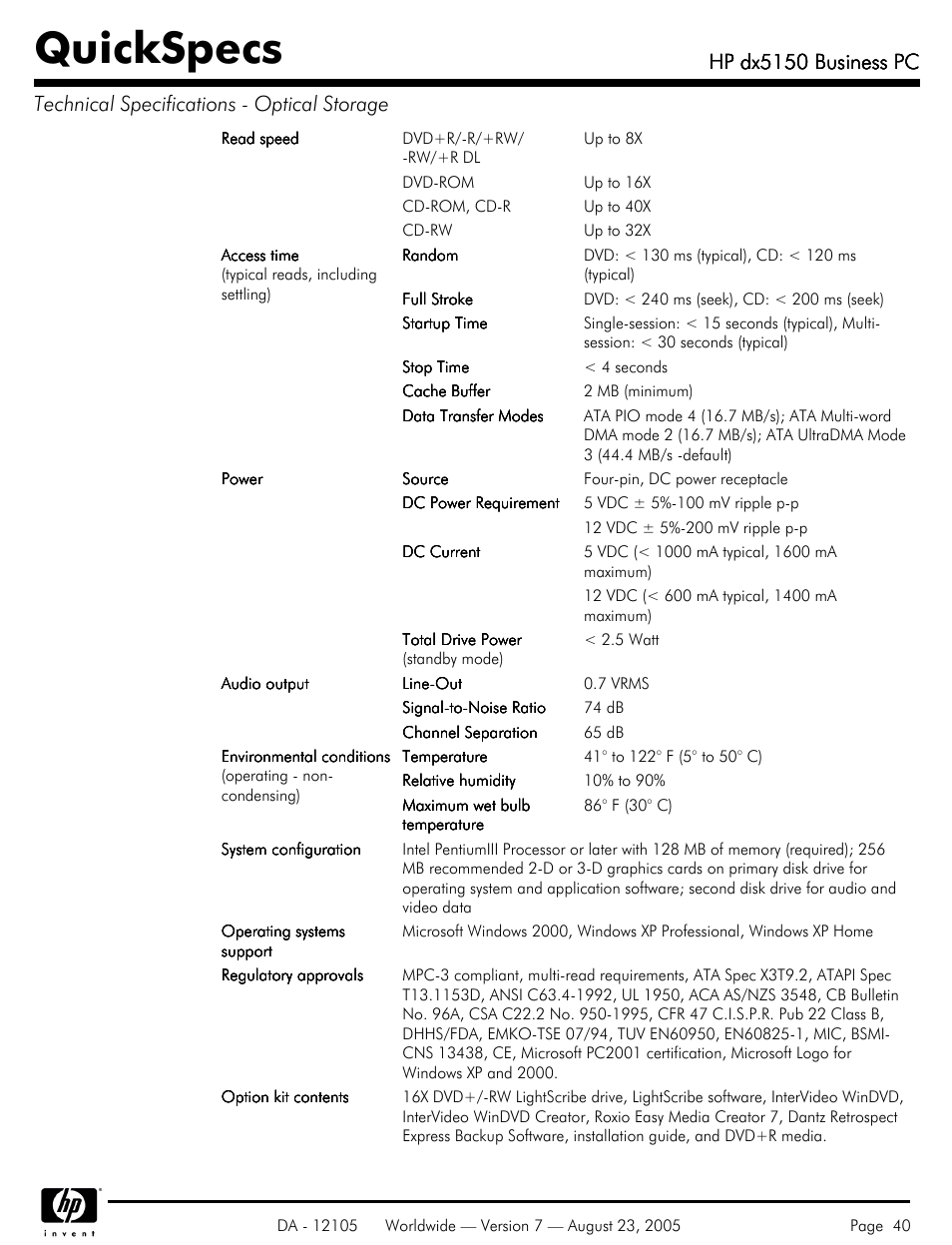 Quickspecs, Hp dx5150 business pc | HP dx5150 User Manual | Page 40 / 42