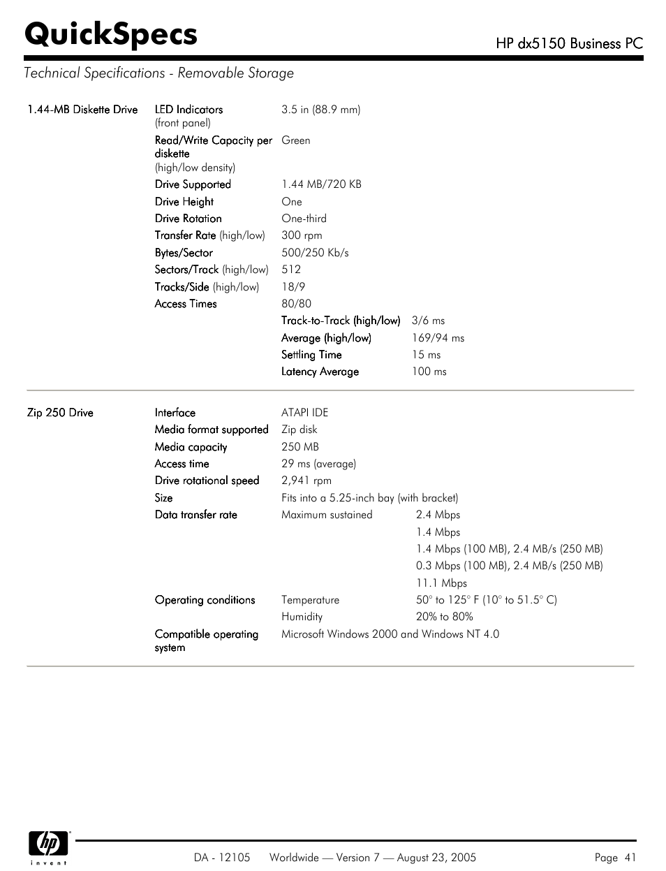 Technical specifications - removable storage, Quickspecs, Hp dx5150 business pc | HP dx5150 User Manual | Page 41 / 42