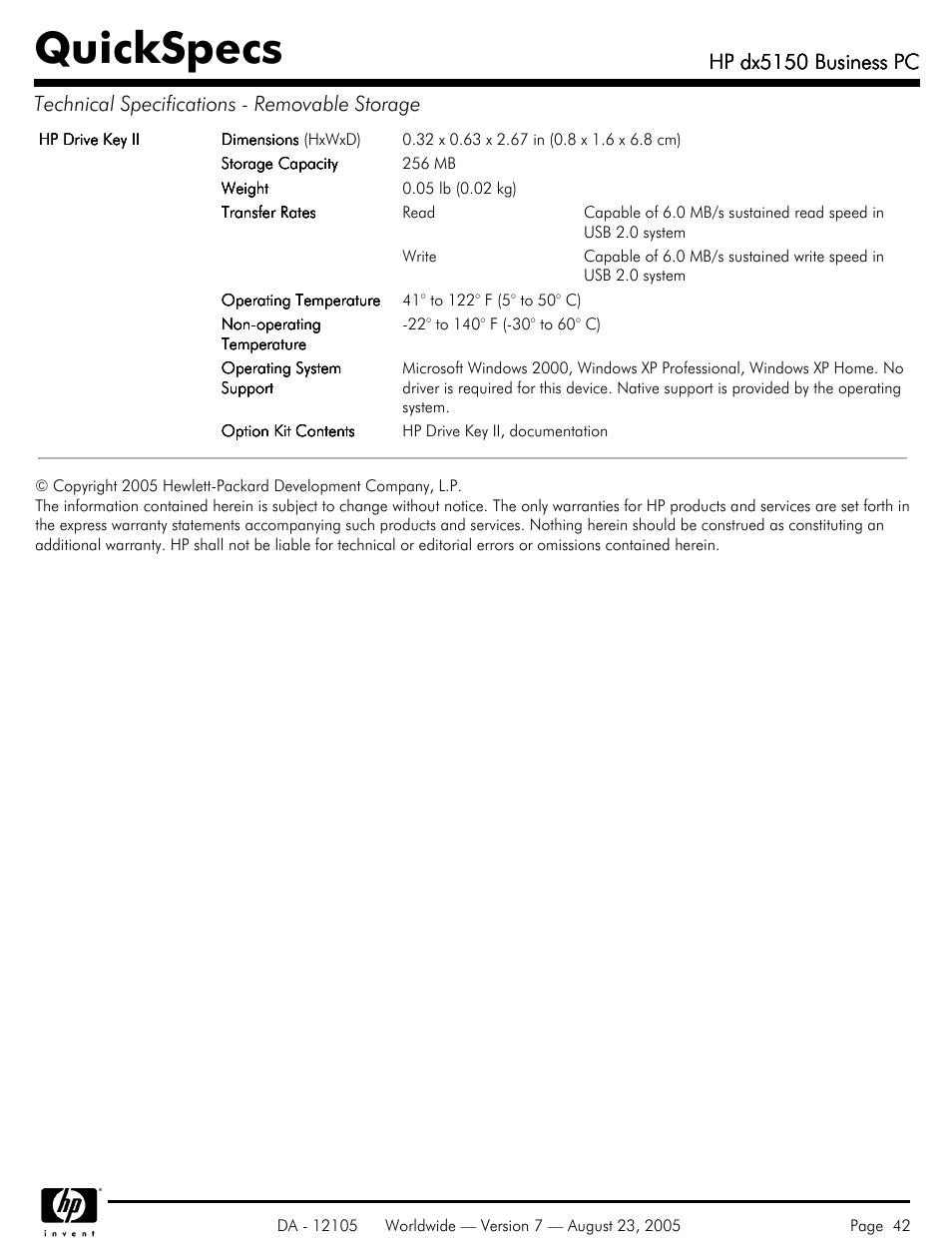 Quickspecs, Hp dx5150 business pc | HP dx5150 User Manual | Page 42 / 42
