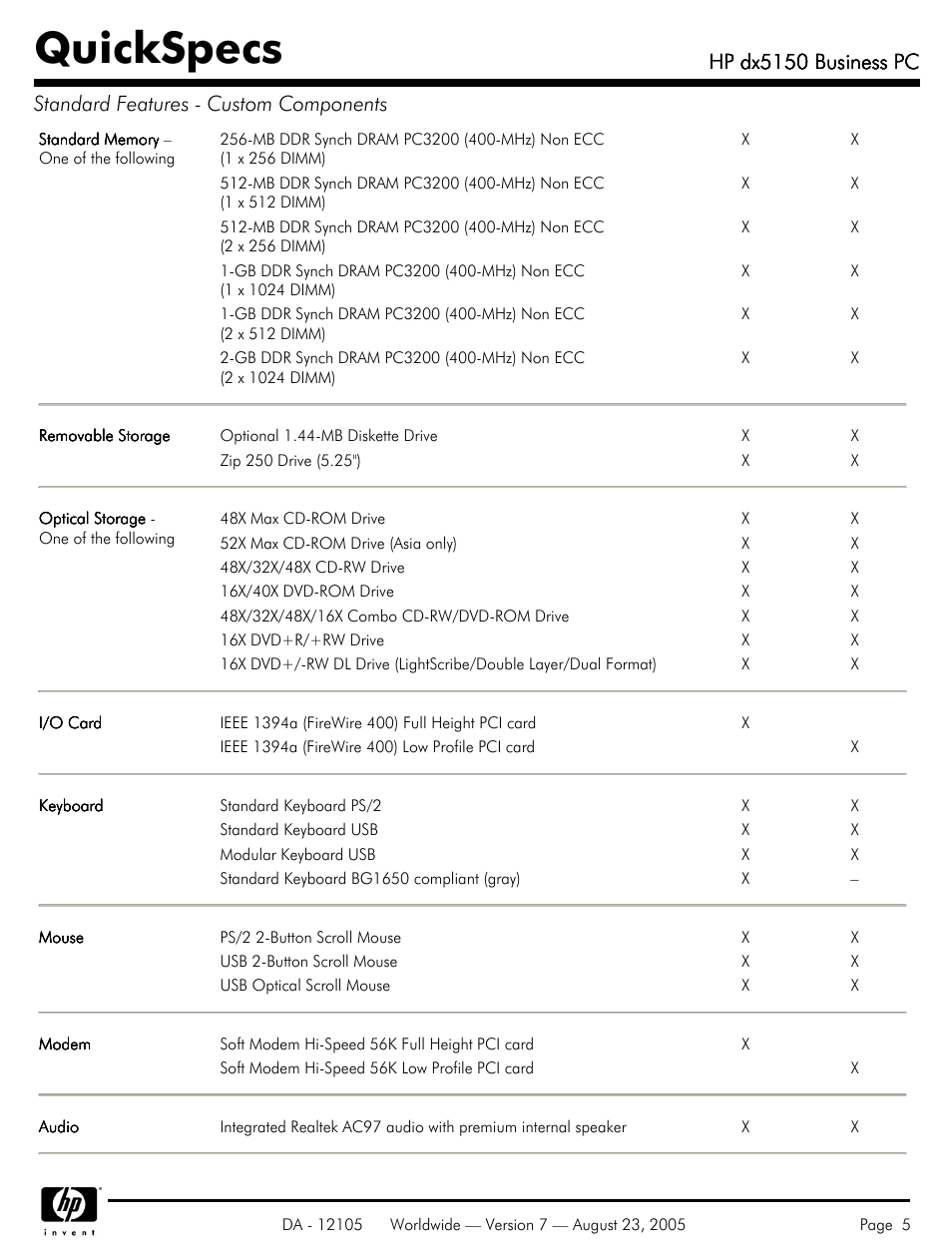 Quickspecs, Hp dx5150 business pc | HP dx5150 User Manual | Page 5 / 42