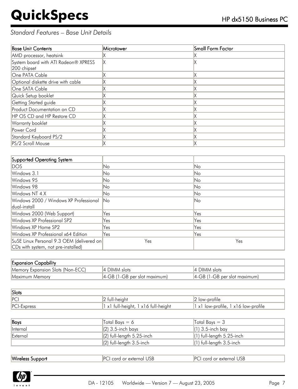 Standard features œ base unit details, Quickspecs, Hp dx5150 business pc | HP dx5150 User Manual | Page 7 / 42