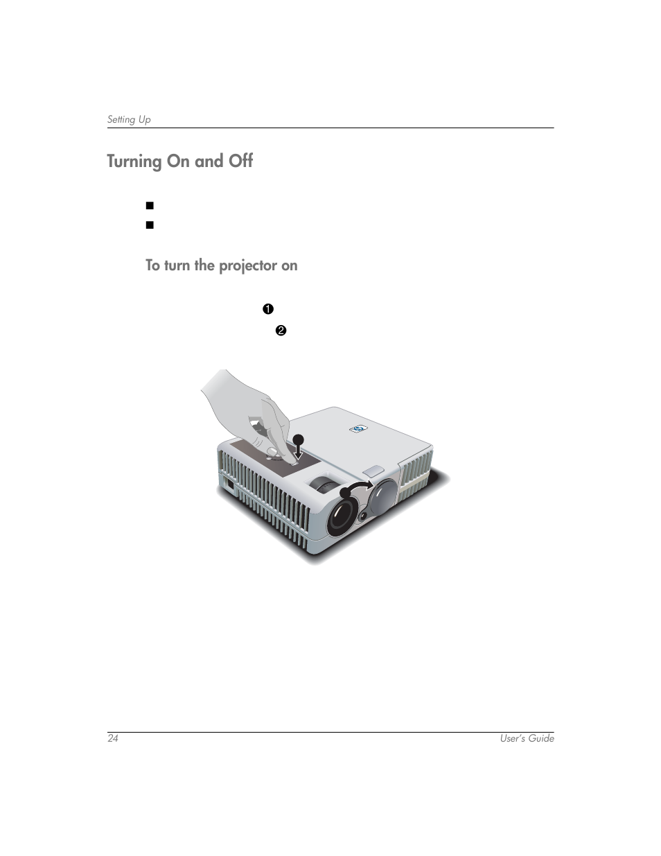 Turning on and off, To turn the projector on | HP mp3320 User Manual | Page 24 / 80