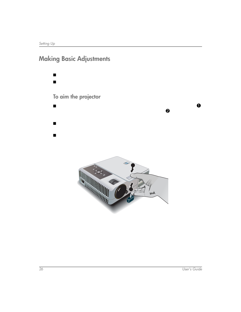 Making basic adjustments, To aim the projector | HP mp3320 User Manual | Page 26 / 80