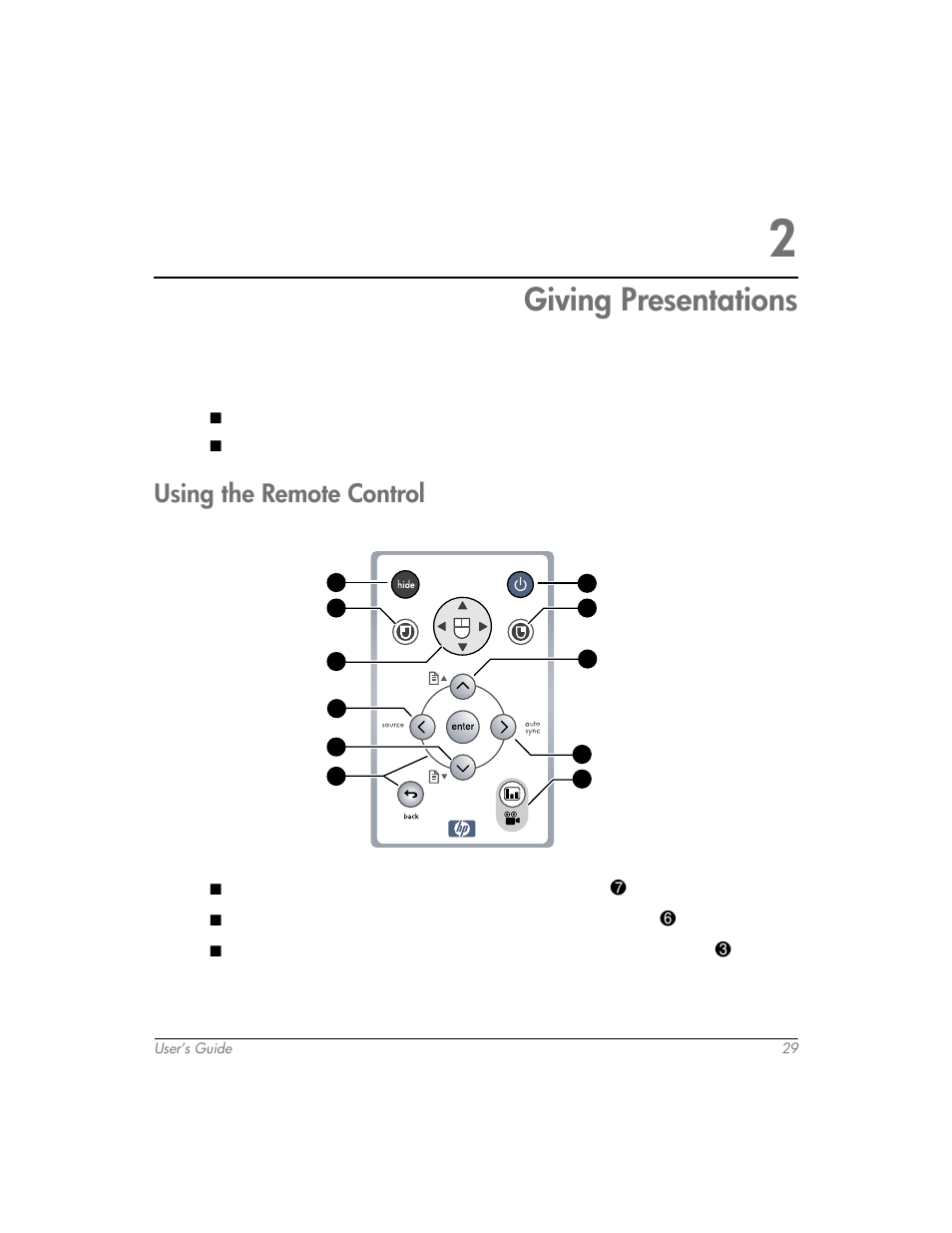 Giving presentations, Using the remote control, 2 giving presentations | HP mp3320 User Manual | Page 29 / 80