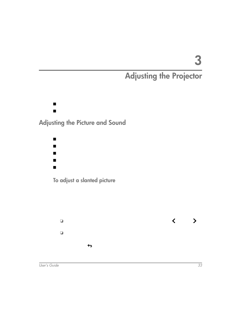 Adjusting the projector, Adjusting the picture and sound, To adjust a slanted picture | 3 adjusting the projector | HP mp3320 User Manual | Page 33 / 80