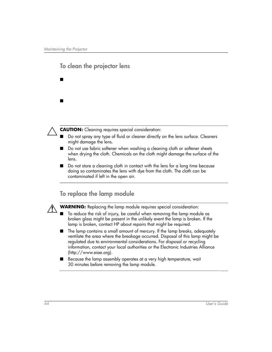 To clean the projector lens, To replace the lamp module | HP mp3320 User Manual | Page 44 / 80