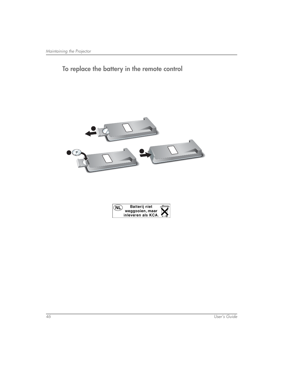 To replace the battery in the remote control | HP mp3320 User Manual | Page 46 / 80