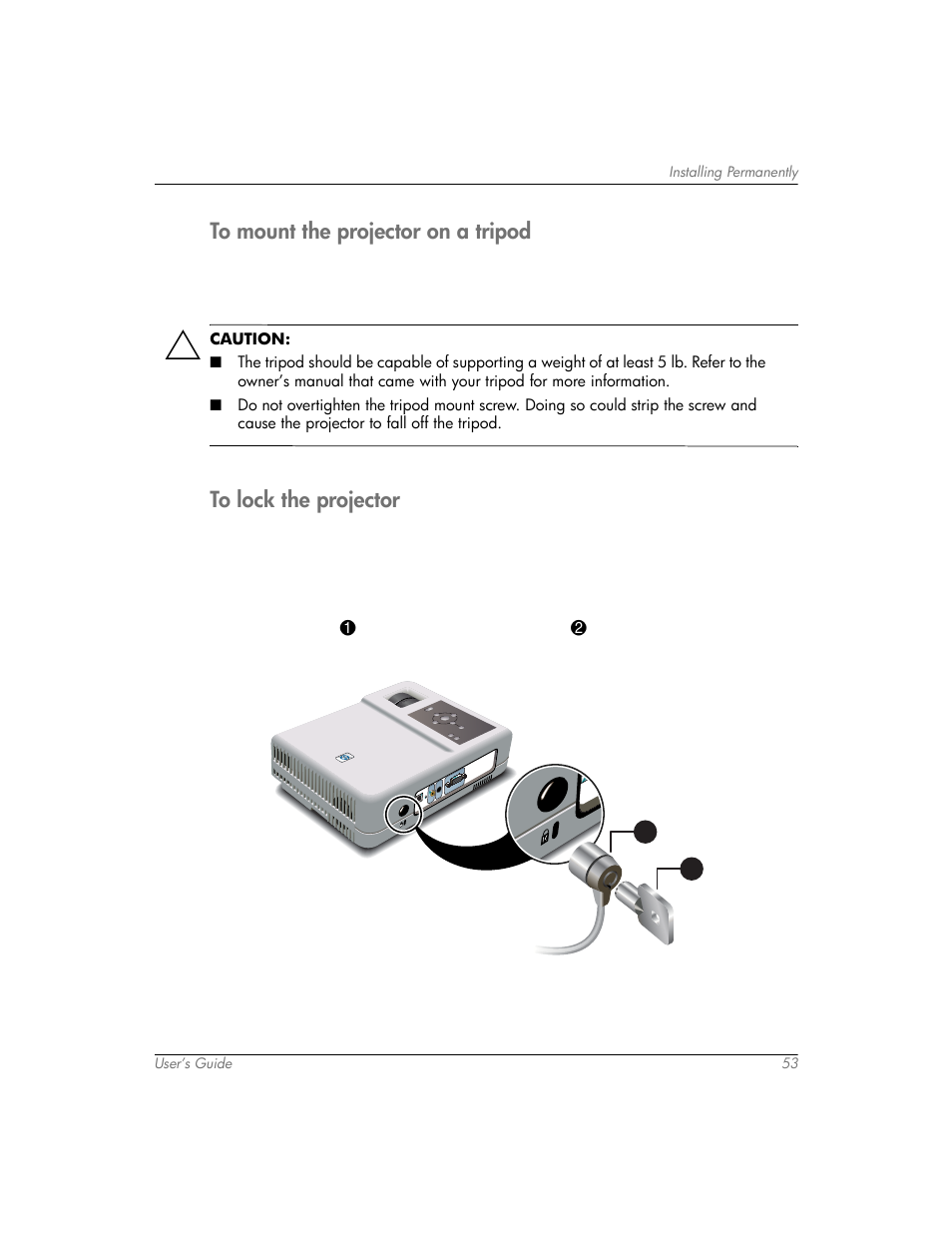 To mount the projector on a tripod, To lock the projector | HP mp3320 User Manual | Page 53 / 80