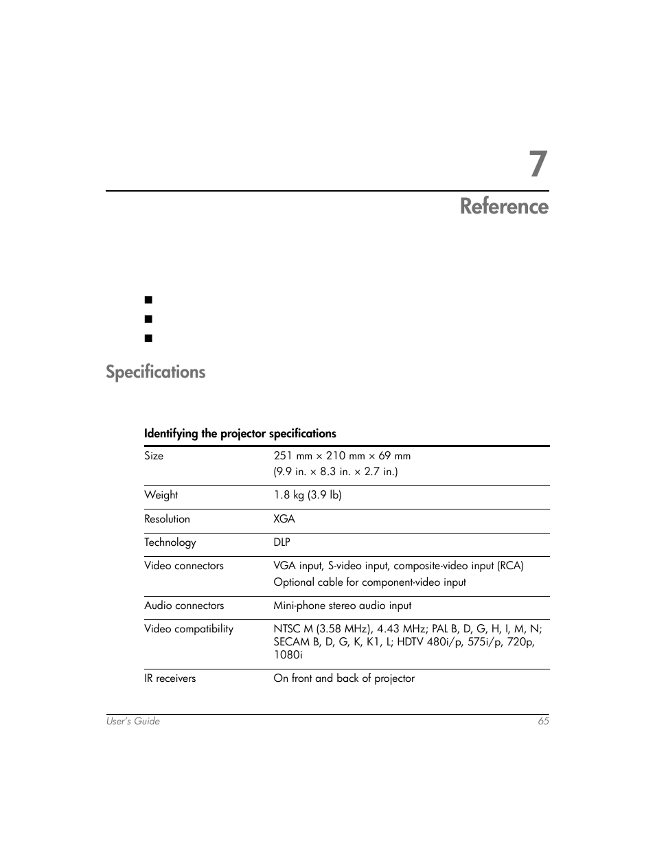 Reference, Specifications, 7 reference | HP mp3320 User Manual | Page 65 / 80