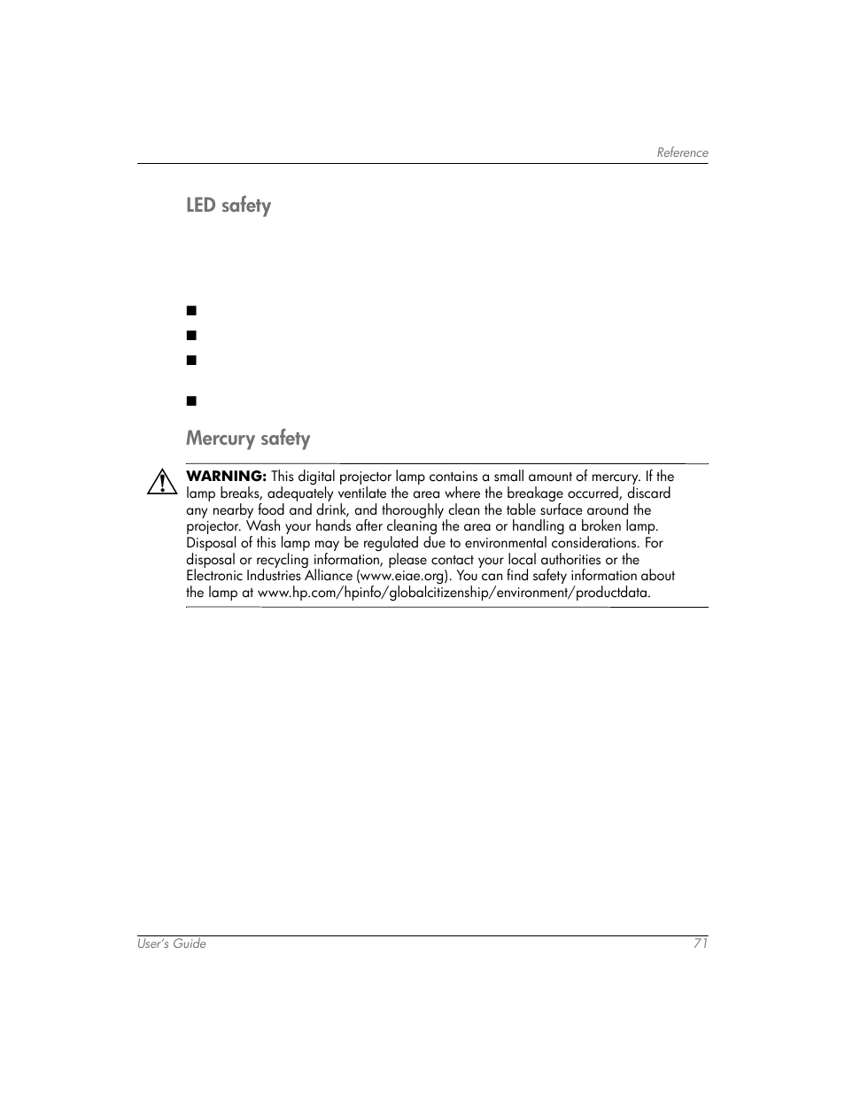 Led safety, Mercury safety, Led safety mercury safety | HP mp3320 User Manual | Page 71 / 80