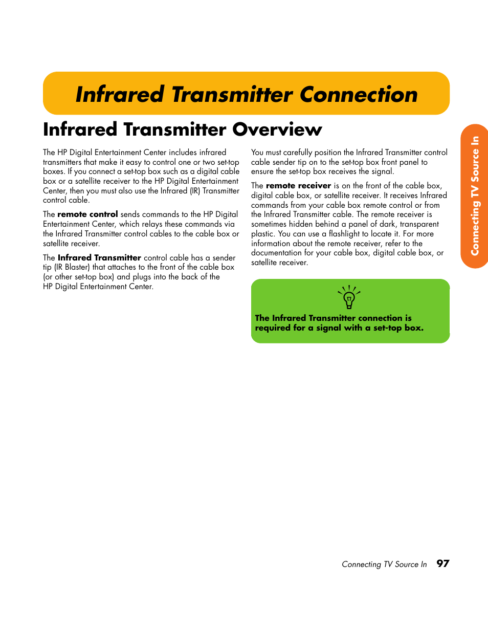 Infrared transmitter connection, Infrared transmitter overview | HP Home Theater System User Manual | Page 103 / 194