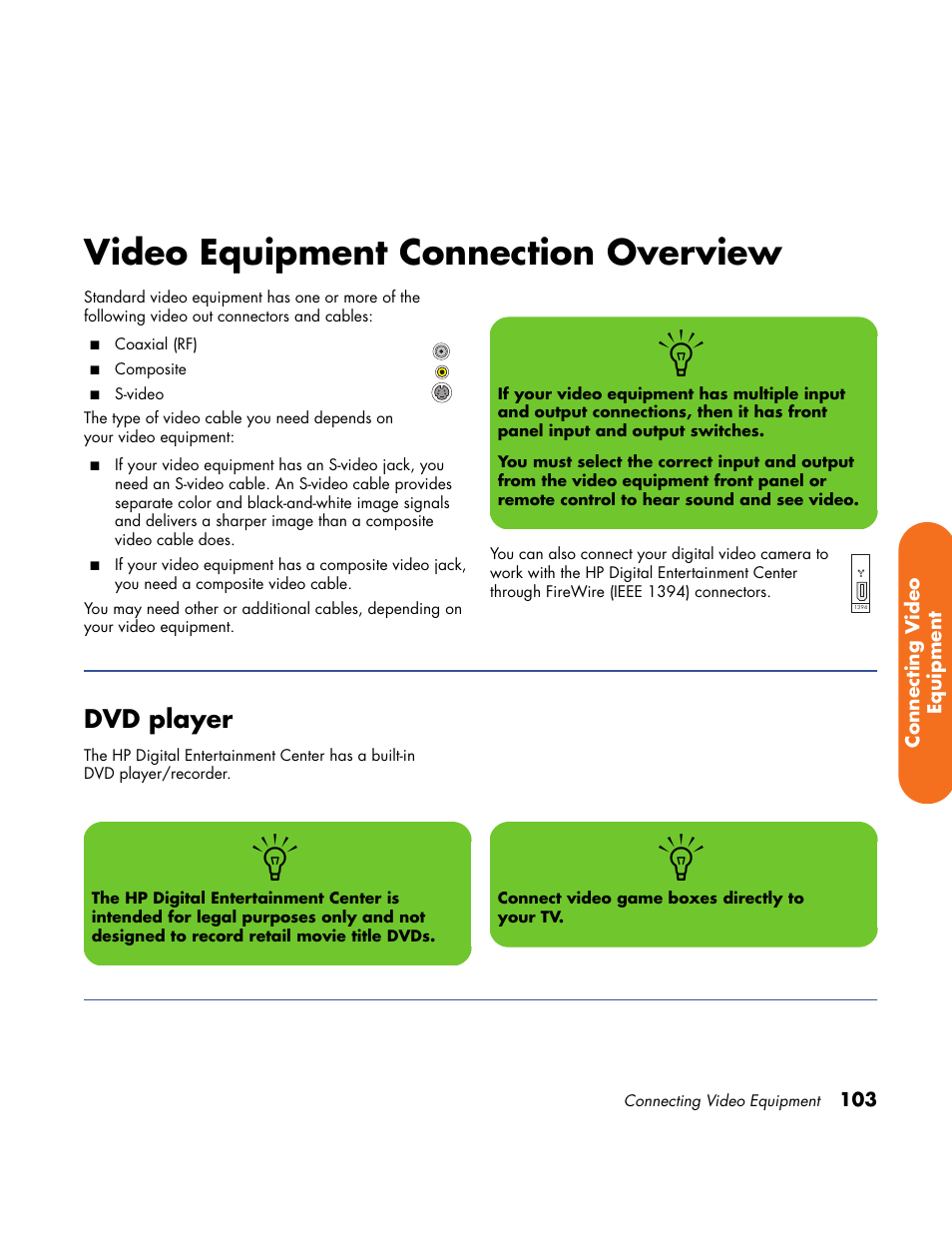 Video equipment connection overview, Dvd player | HP Home Theater System User Manual | Page 109 / 194