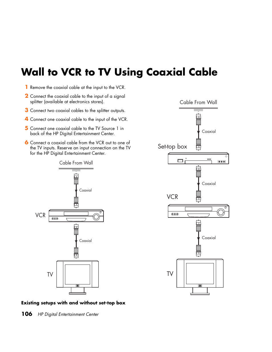 Wall to vcr to tv using coaxial cable, Tv vcr set-top box | HP Home Theater System User Manual | Page 112 / 194