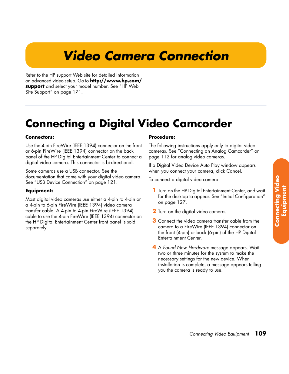 Video camera connection, Connecting a digital video camcorder | HP Home Theater System User Manual | Page 115 / 194