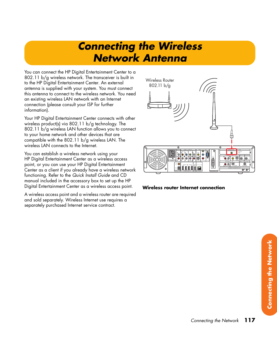 Connecting the wireless network antenna, Connecting the wireless, Network antenna | 117 connecting the network, Connecting the network | HP Home Theater System User Manual | Page 123 / 194