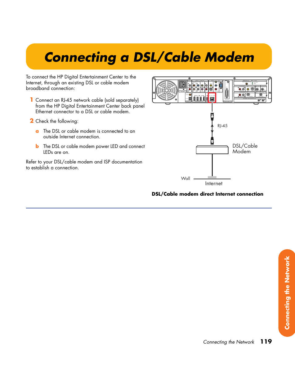 Connecting a dsl/cable modem, 119 connecting the network, Internet dsl/cable modem | Connecting the network, Audio out, Wall, Rj-45 | HP Home Theater System User Manual | Page 125 / 194