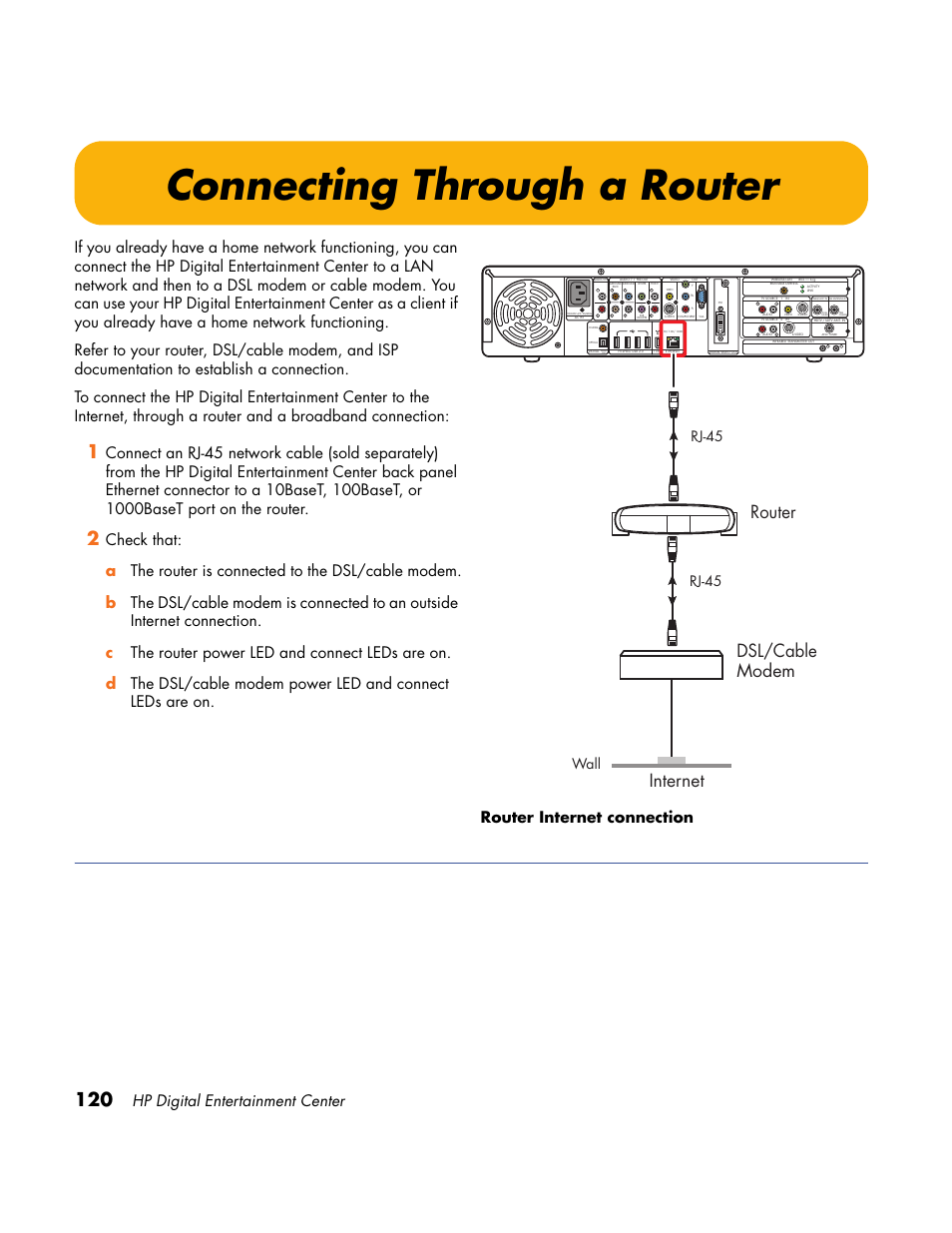 Connecting through a router, Router, Internet dsl/cable modem | Hp digital entertainment center, Rj-45 wall, Rj-45 | HP Home Theater System User Manual | Page 126 / 194