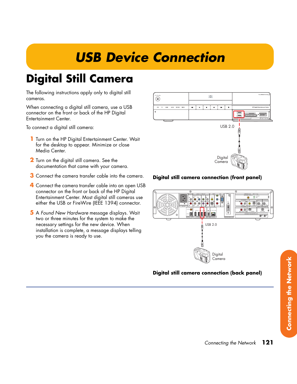 Usb device connection, Digital still camera, 121 connecting the network | Connecting the network, Connect the camera transfer cable into the camera, Usb 2.0 digital camera, Digital camera, Usb 2.0 | HP Home Theater System User Manual | Page 127 / 194