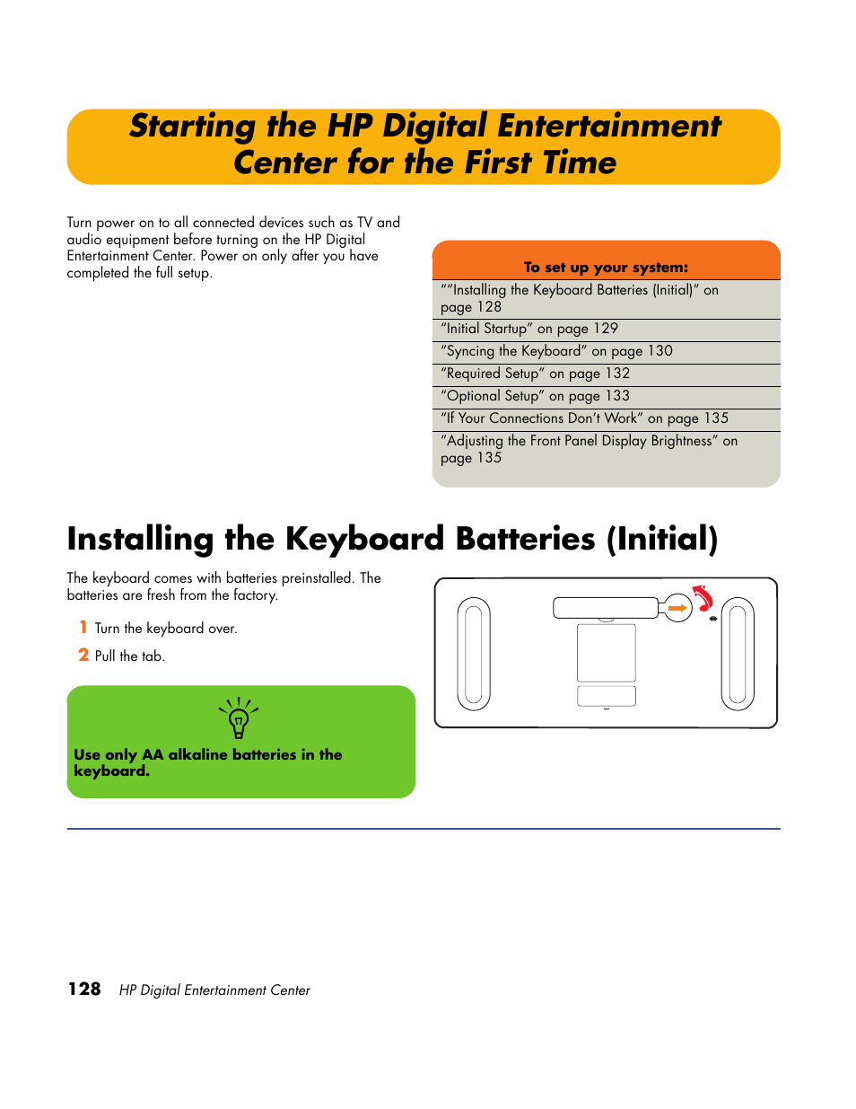 Installing the keyboard batteries (initial), Starting the hp digital entertainment, Center for the first time | HP Home Theater System User Manual | Page 134 / 194