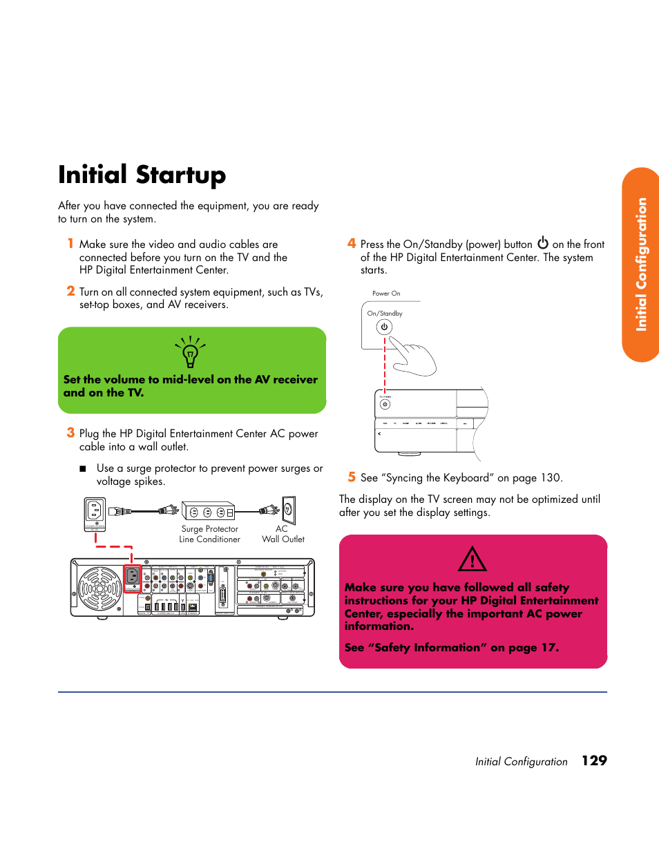 Initial startup, 129 initial configuration, Initial configuration | Audio out, Surge protector line conditioner, Ac wall outlet | HP Home Theater System User Manual | Page 135 / 194