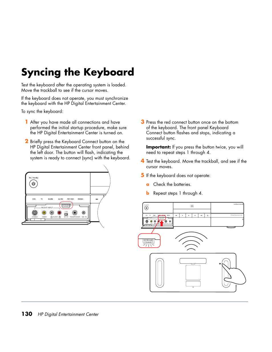 Syncing the keyboard, Hp digital entertainment center | HP Home Theater System User Manual | Page 136 / 194