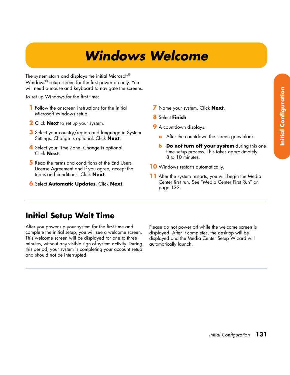 Windows welcome, Initial setup wait time | HP Home Theater System User Manual | Page 137 / 194