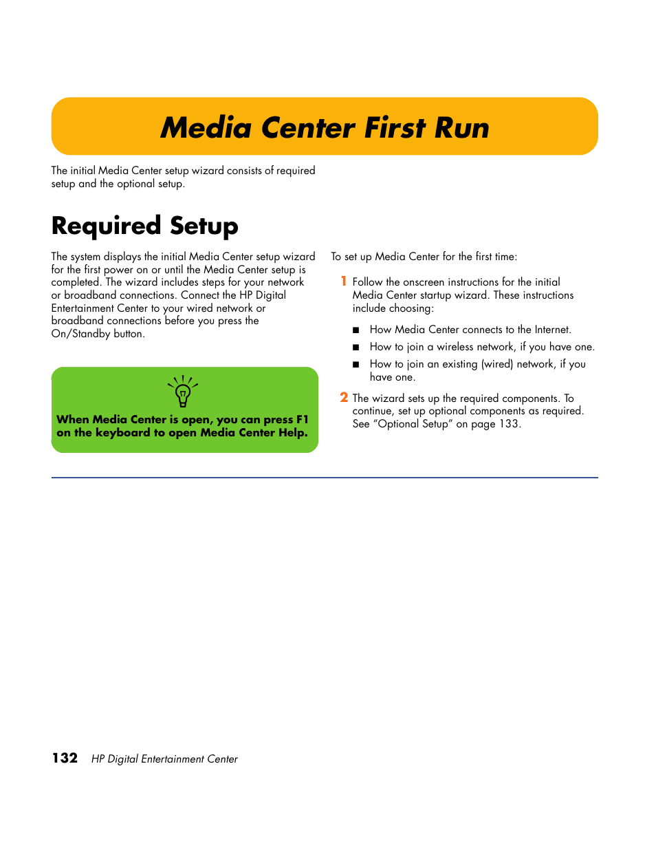 Media center first run, Required setup | HP Home Theater System User Manual | Page 138 / 194