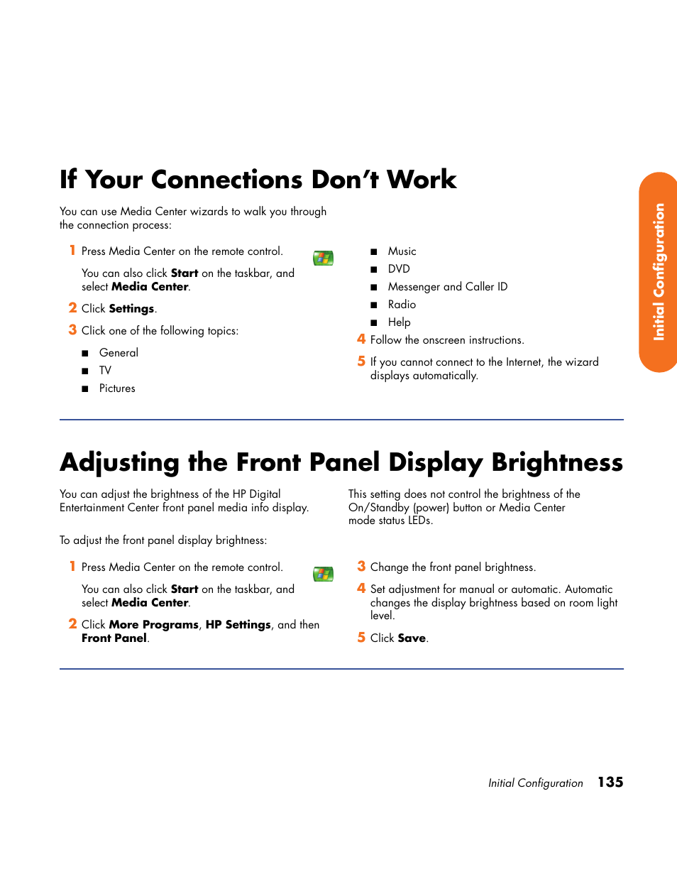 If your connections don’t work, Adjusting the front panel display brightness | HP Home Theater System User Manual | Page 141 / 194