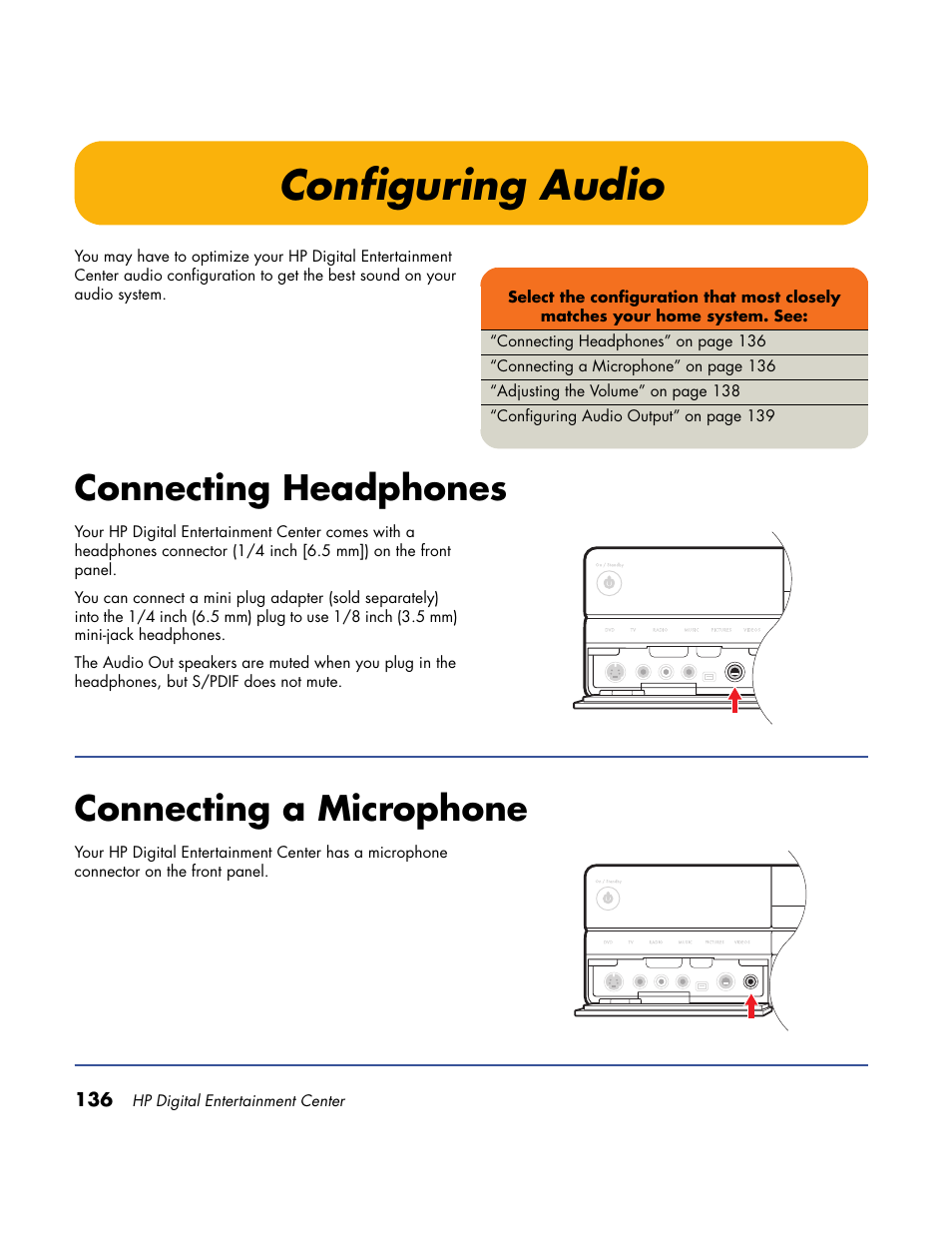 Configuring audio, Connecting headphones, Connecting a microphone | Connecting headphones connecting a microphone | HP Home Theater System User Manual | Page 142 / 194