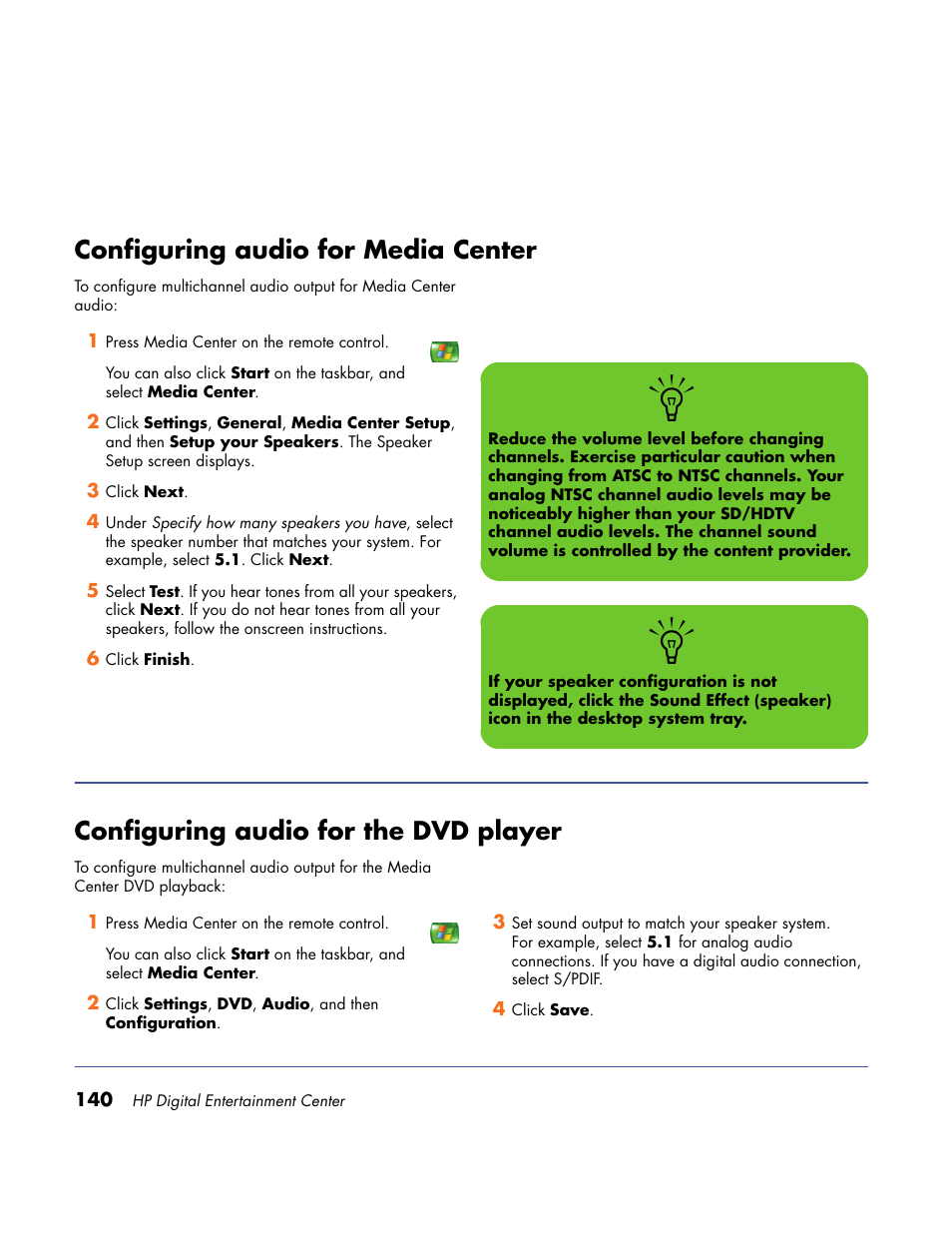 Configuring audio for media center, Configuring audio for the dvd player | HP Home Theater System User Manual | Page 146 / 194