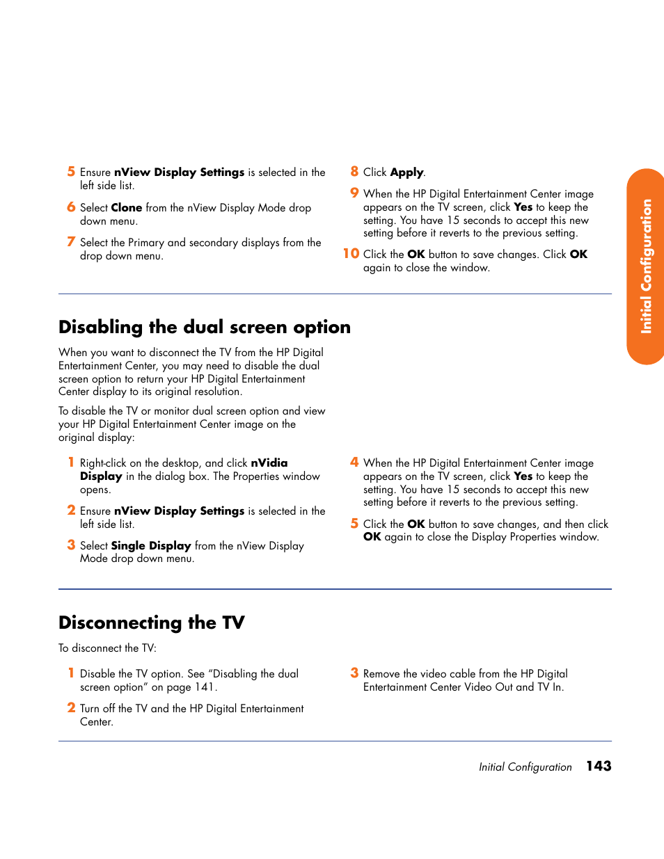 Disabling the dual screen option, Disconnecting the tv | HP Home Theater System User Manual | Page 149 / 194