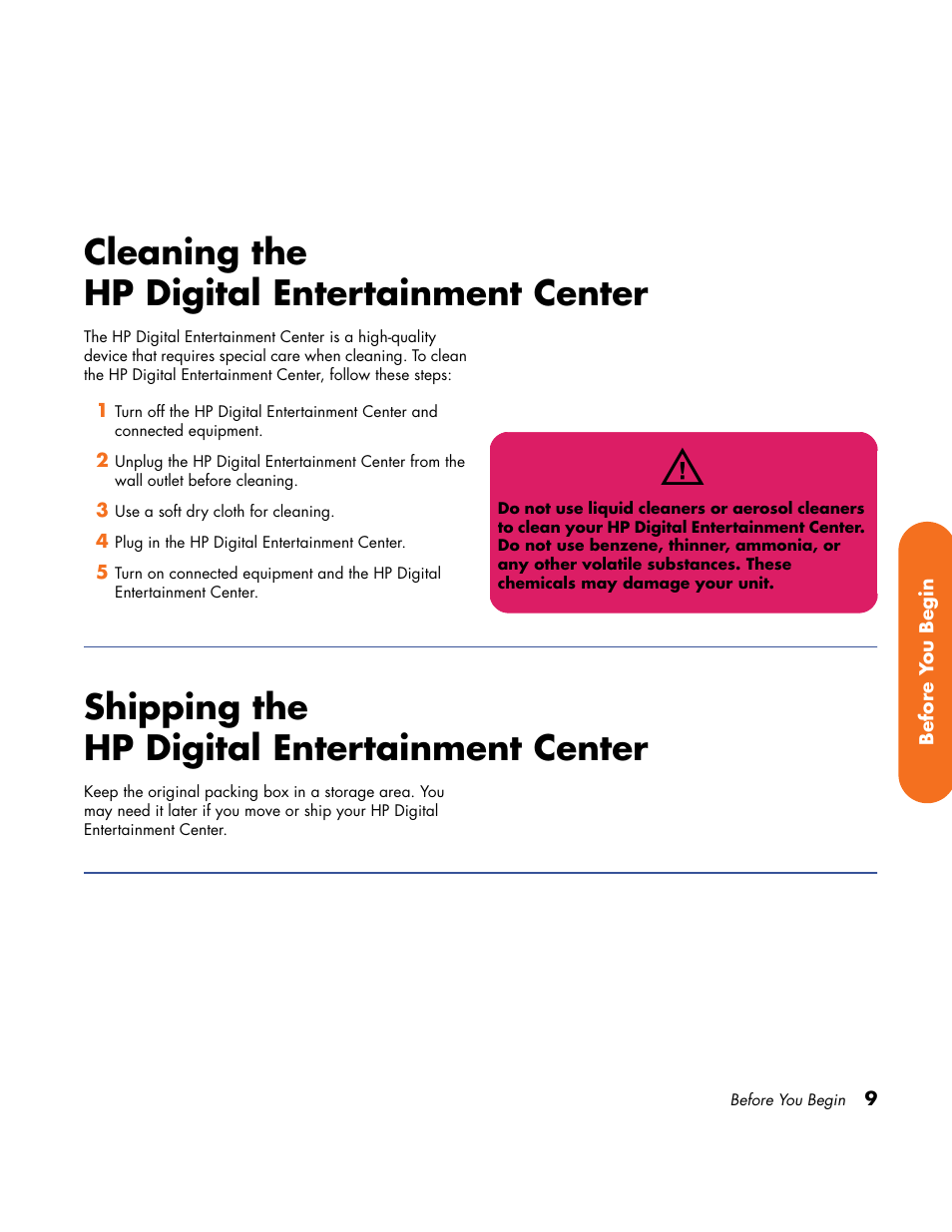 Cleaning the hp digital entertainment center, Shipping the hp digital entertainment center, Cleaning the | Hp digital entertainment center, Shipping the | HP Home Theater System User Manual | Page 15 / 194