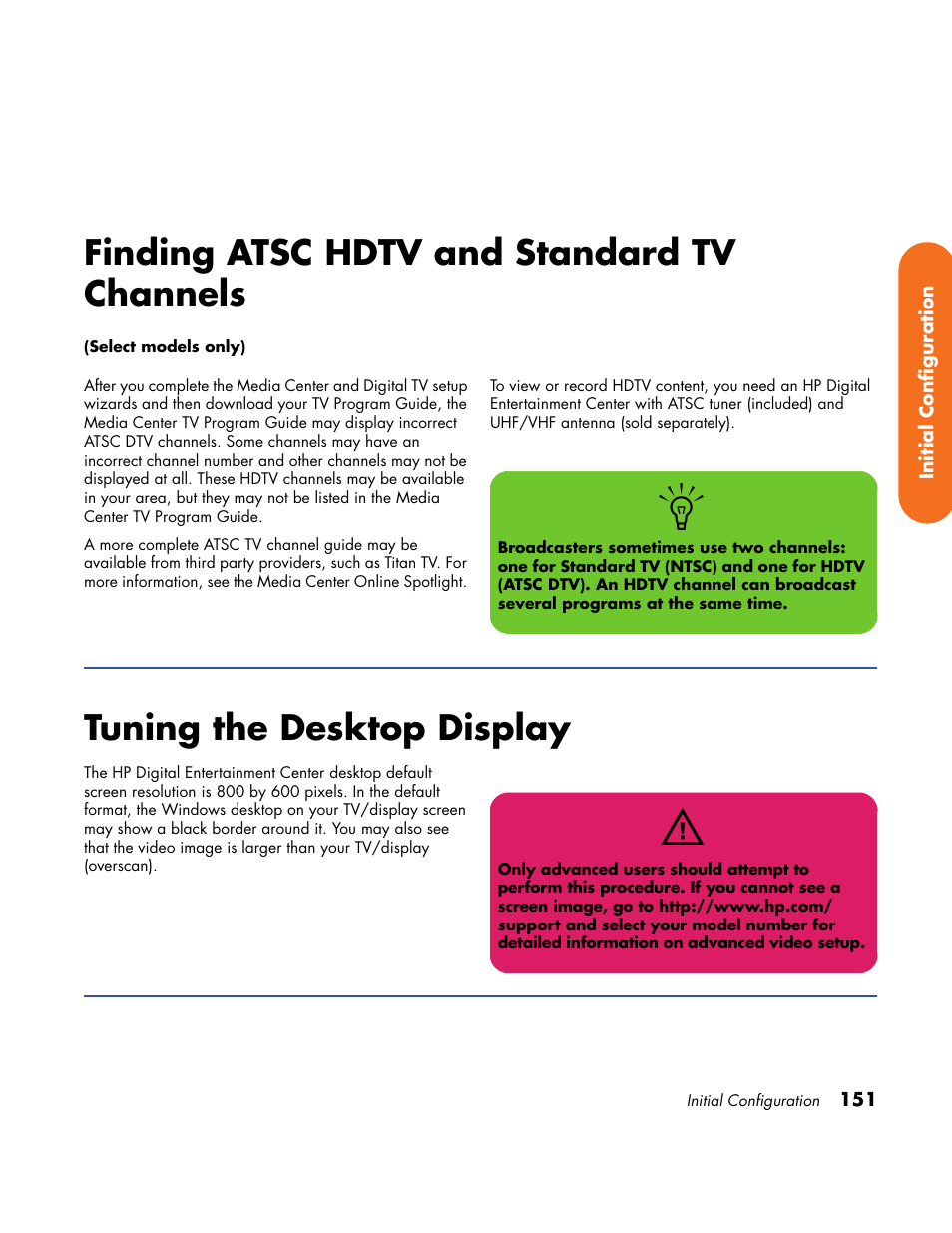 Finding atsc hdtv and standard tv channels, Tuning the desktop display, Finding atsc hdtv and standard | Tv channels | HP Home Theater System User Manual | Page 157 / 194