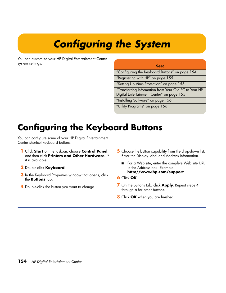 Configuring the system, Configuring the keyboard buttons | HP Home Theater System User Manual | Page 160 / 194