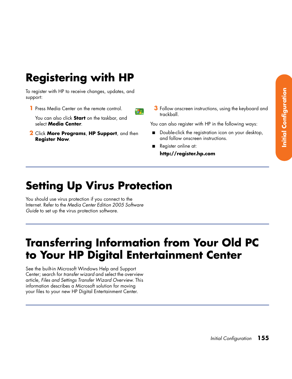 Registering with hp, Setting up virus protection, To your hp digital entertainment center | HP Home Theater System User Manual | Page 161 / 194