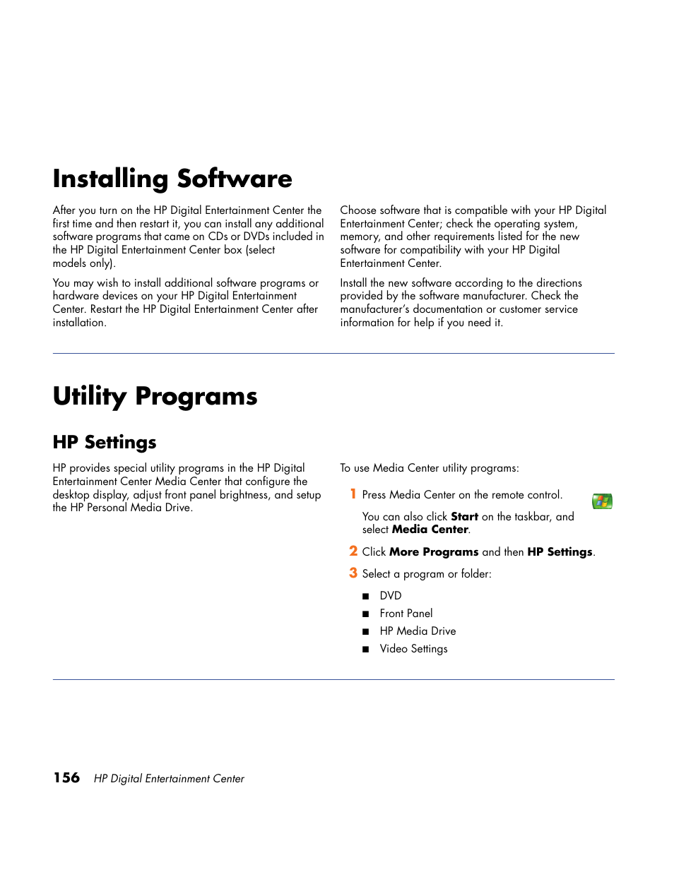 Installing software, Utility programs, Hp settings | Installing software utility programs | HP Home Theater System User Manual | Page 162 / 194