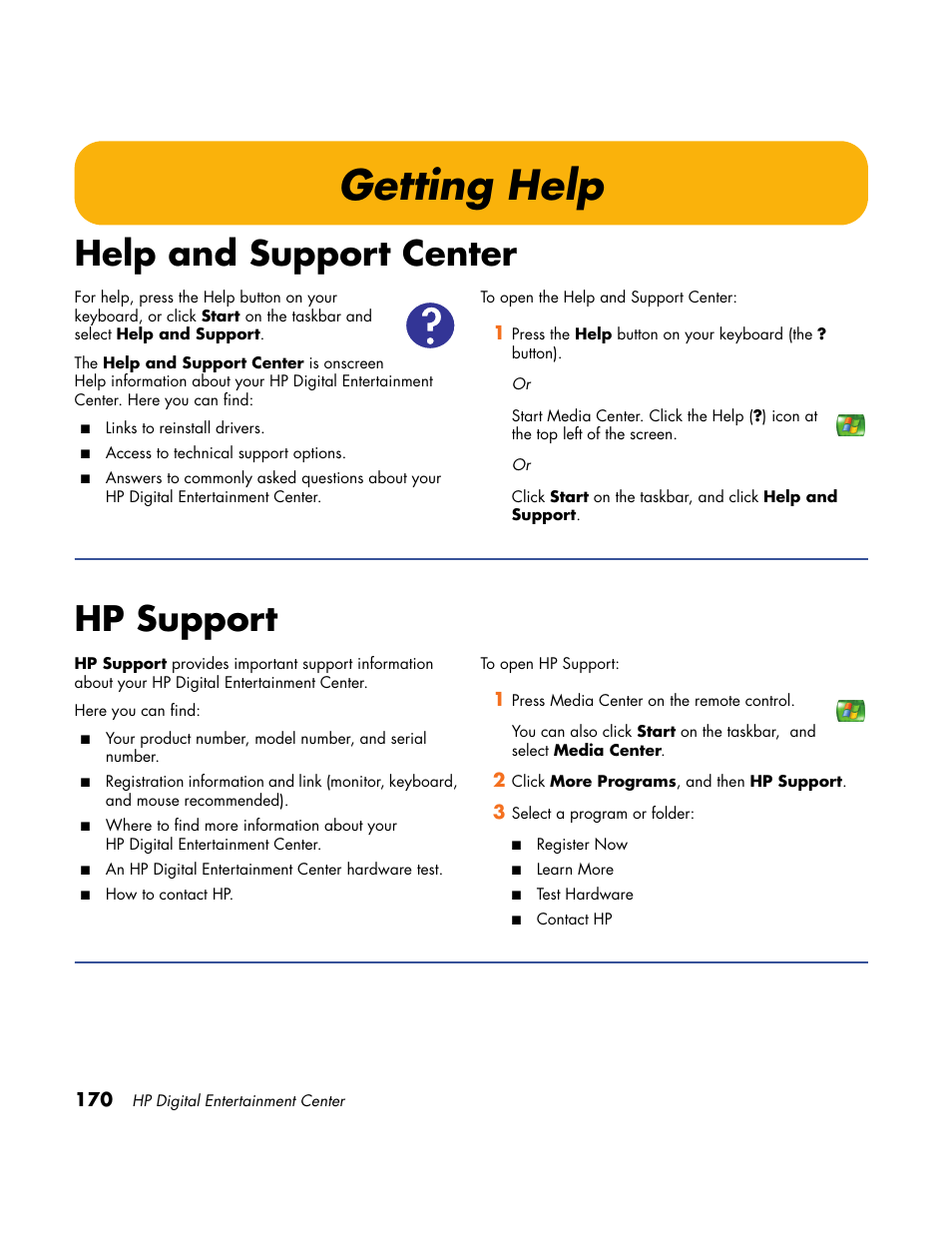 Getting help, Help and support center, Hp support | Help and support center hp support | HP Home Theater System User Manual | Page 176 / 194