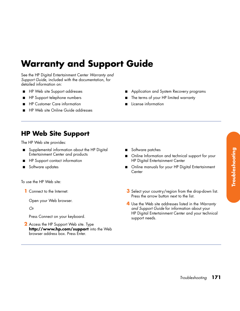 Warranty and support guide, Hp web site support | HP Home Theater System User Manual | Page 177 / 194