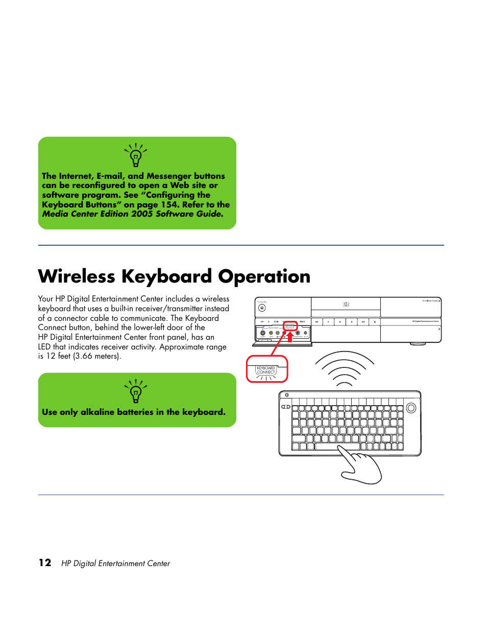 Wireless keyboard operation, Hp digital entertainment center, Use only alkaline batteries in the keyboard | HP Home Theater System User Manual | Page 18 / 194