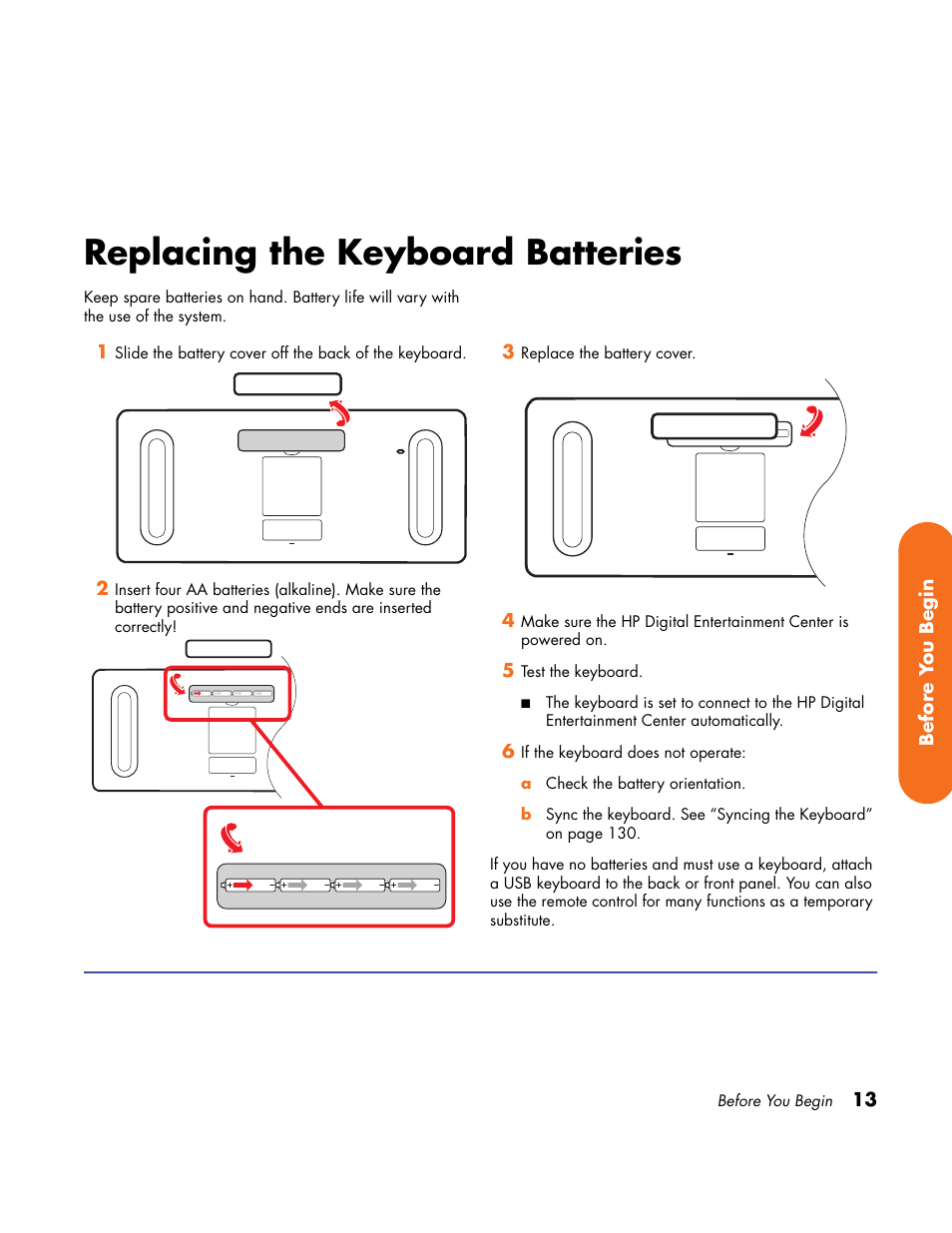 Replacing the keyboard batteries | HP Home Theater System User Manual | Page 19 / 194