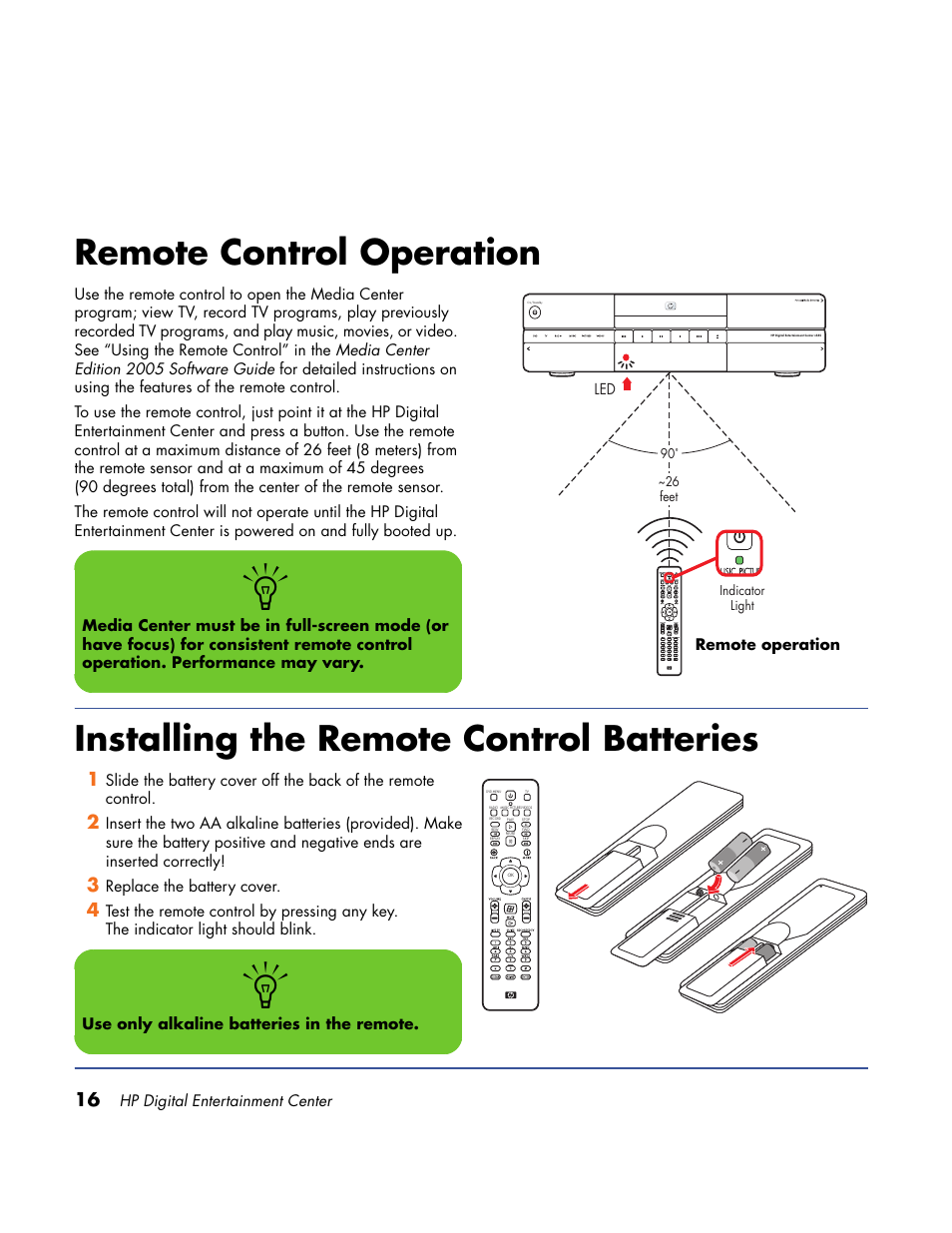 Remote control operation, Installing the remote control batteries | HP Home Theater System User Manual | Page 22 / 194