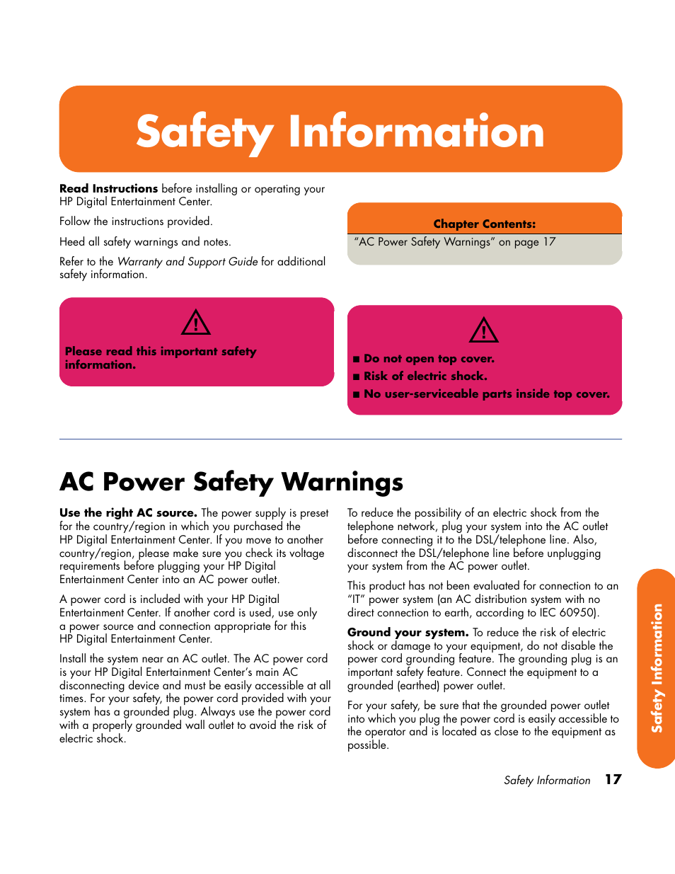 Safety information, Ac power safety warnings | HP Home Theater System User Manual | Page 23 / 194