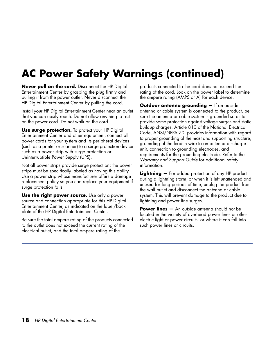 Ac power safety warnings (continued) | HP Home Theater System User Manual | Page 24 / 194